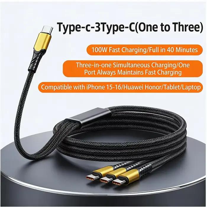 Câble de charge rapide USB-C 3-en-1 100W pour iPhone 17 16 15 Pro Max