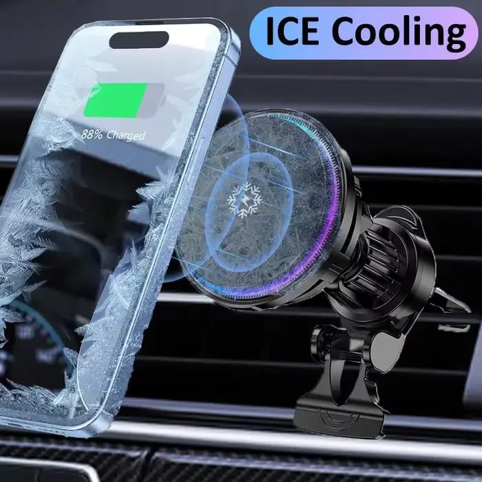 Support de chargeur magnétique sans fil pour voiture à refroidissement glacé, station de charge rapide pour iPhone 17 16 15 14 13 Pro Max, chargeur de voiture élégant et pratique pour trajets nocturnes