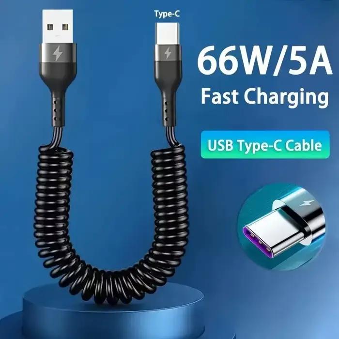 Câble de données télescopique à ressort 5A 66W USB vers Type-C/Dual Type-C pour charge rapide en voiture 1M 1.8M 2M pour iPhone 17 Xiaomi 17