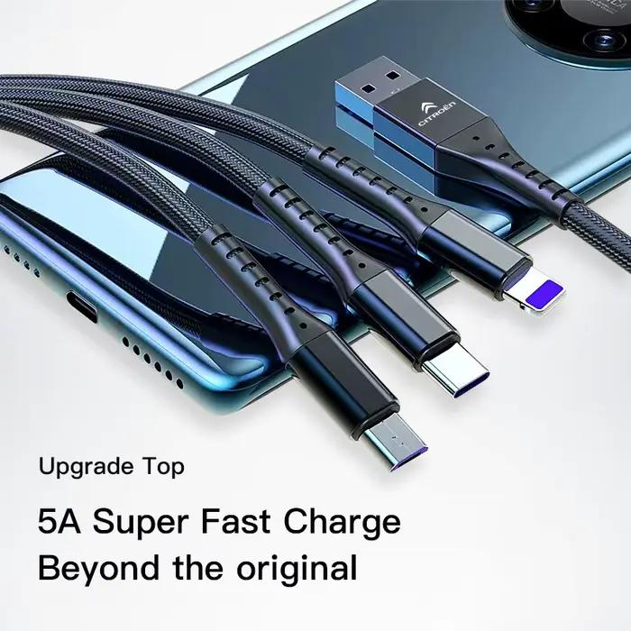 Câble de chargement USB 3 en 1 pour Citroën C1 DS3 C2 C3 VTS C4 Saxo C4L C5 C6 C8 Xsara C3XR Picasso Blanc Gris Rouge Noir