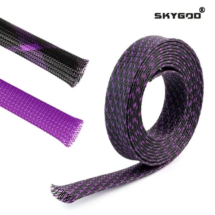 Gaine de câble haute densité tressée PET isolée extensible protection pour fils coloris violet et noir diamètres variés pour usage domestique et professionnel