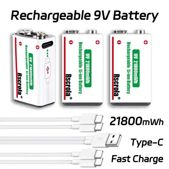Batterie rechargeable 9V Rscrola avec charge USB-C pour appareils électroniques, détecteurs de fumée, appareils photo, horloges, matériel audio professionnel et kits d'urgence
