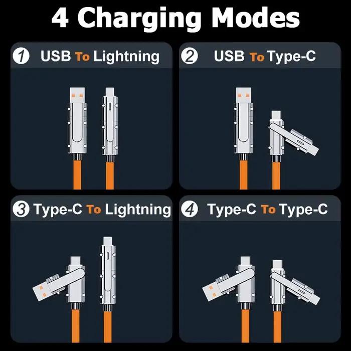 Câble Lightning 100W 4 en 1 Type C, fil de données de charge rapide 5A USB, cordon de charge multiple pour iPhone 13 14 15 Samsung Xiaomi Huawei
