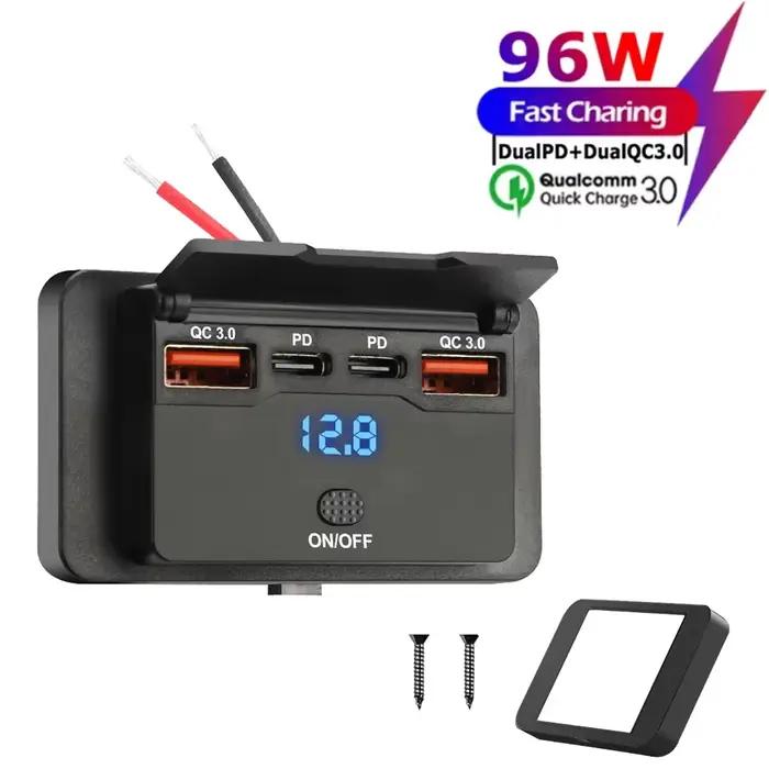 Chargeur de Voiture Multi-Ports PD+QC3.0 avec Interrupteur pour Recharge Rapide Compatible Téléphones Tablette GPS Occasions Spéciales