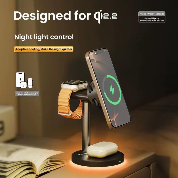 Chargeur sans fil magnétique Qi2 25W avec lumière LED et refroidissement par air pour iPhone 17 16 15 14 13 12