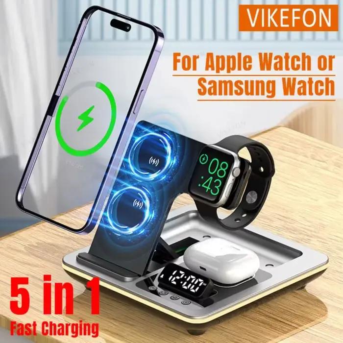 Chargeur sans fil 5 en 1 avec réveil, lampe LED, station d'accueil et charge rapide pour iPhone Apple Watch et AirPods