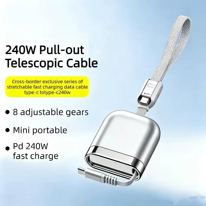 Câble rétractable portable 240W double Type C pour téléphone tablette ordinateur portable compatibles voyages et déplacements occasionnels