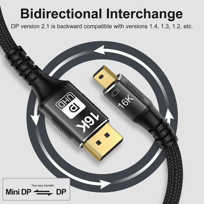 Câble Mini DP vers DP 2.1 16K @ 60Hz 8K @ 120Hz 80Gbps DSC bidirectionnel