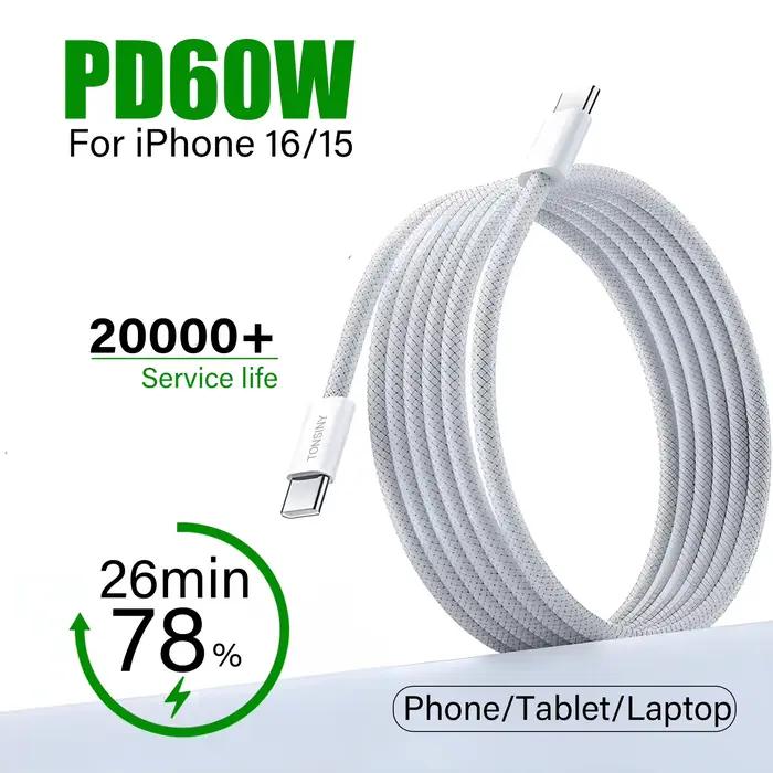 Câble USB-C d'origine pour iPhone 17 16 15 Pro Max PD 60W Charge rapide pour Huawei Xiaomi Samsung Type C