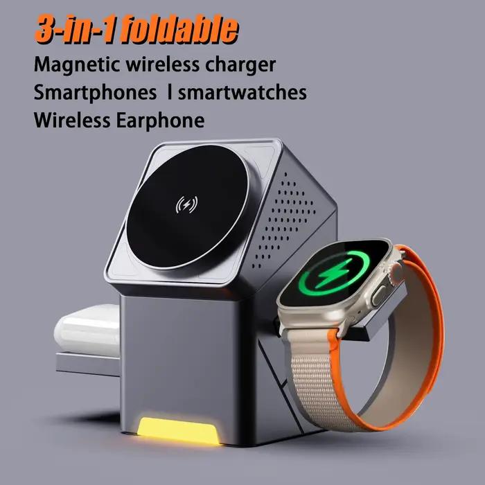 Station de recharge sans fil 3 en 1 pour iPhone Apple Watch et AirPods charge rapide 15W avec support rotatif automatique pour recharger facilement et rapidement