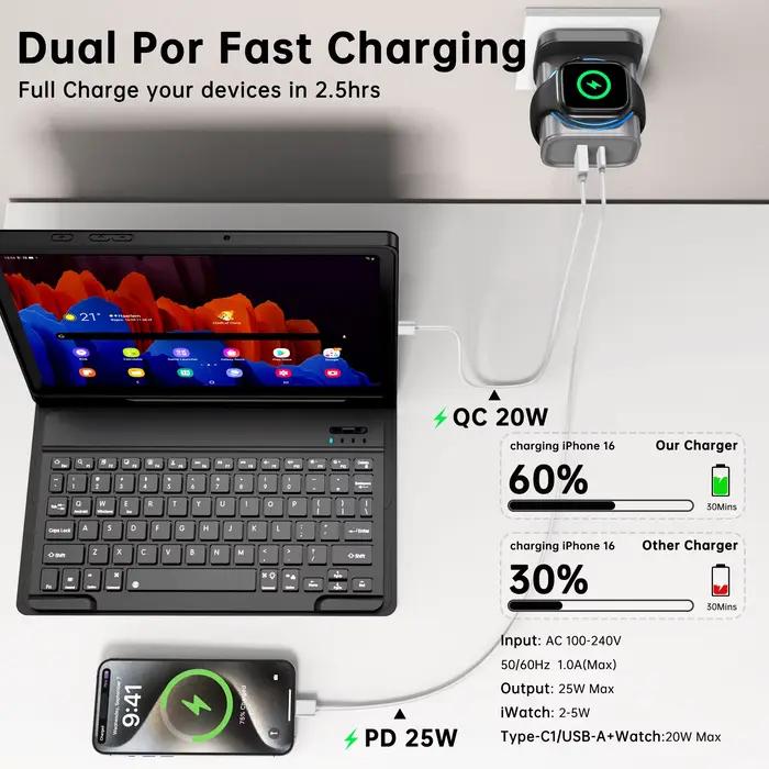 Chargeur portable 3 en 1 pour Apple Watch avec bloc de charge rapide 25W