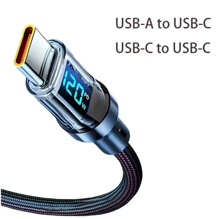 Câble USB C 100W 120W à charge rapide avec affichage LED