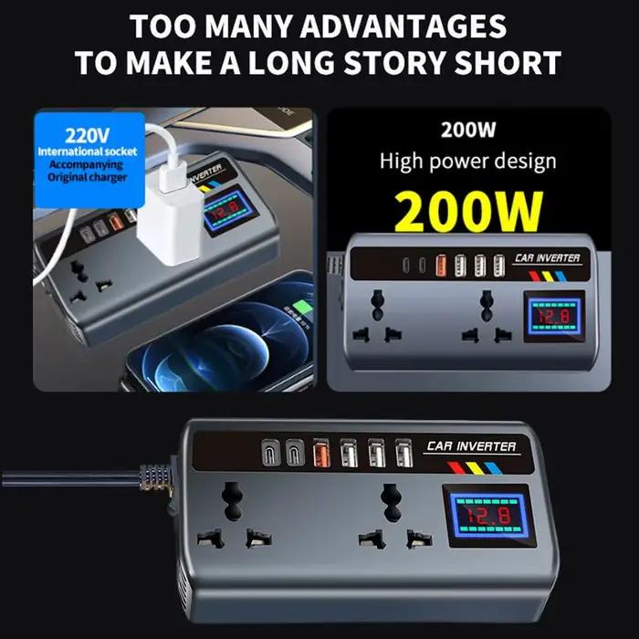 Chargeur de Voiture Portable 12V 24V à 220V avec 3 Ports USB pour Voitures Camions SUV RV Occasions Spéciales