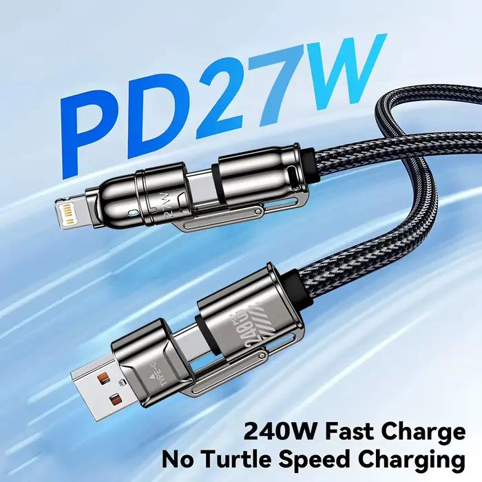 Câble de données 2 à 2 câbles de charge ultra rapides 240W en alliage de Zinc PD 4 en 1 Multi USB Type C vers Lightning