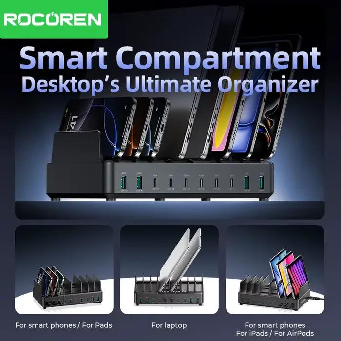 Chargeur Rocoren 400W GaN 6 ports, chargeur de bureau à charge rapide USB Type C, station d'alimentation portable pour iPhone 17 Pro Max Xiaomi 14