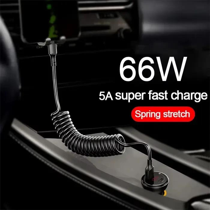 Câble de données télescopique à ressort 5A 66W USB vers Type-C/Dual Type-C pour charge rapide en voiture 1M 1.8M 2M pour iPhone 17 Xiaomi 17