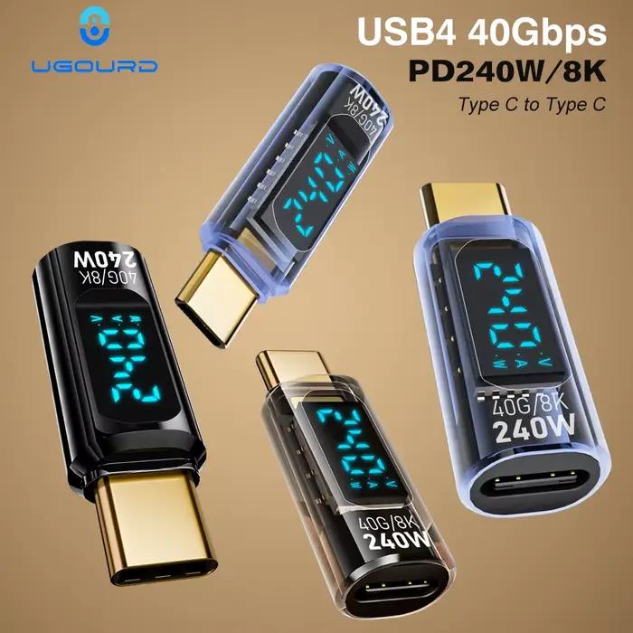 Adaptateur USB4 Type C UGOURD avec affichage numérique, câble USB 4 80 Gbps Thunderbolt 4/5/3, connecteur USB-C vers USB-C OTG PD 240W 8K pour appareils photos, stockage mobile, ordinateur, appareils intelligents, caméra IP, lunettes VR/AR, décodeurs et robots