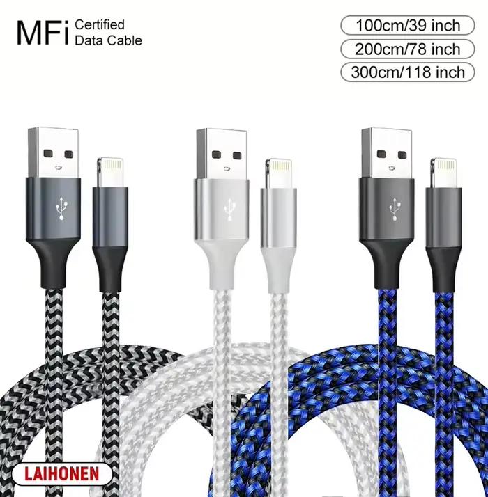 LAIHONEN Nylon tressé USB A vers Lightning MFi certifié 1m 2m 3m câble pour iPhone 11 12 13 14 Pro XS Max XR X 6S 7 8 Plus SE