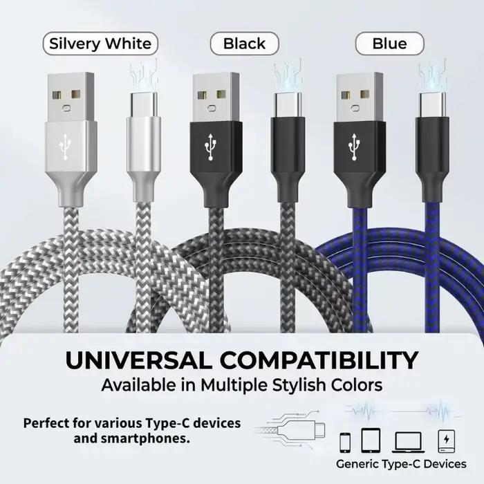 Câble de données USB vers Type-C en nylon, prend en charge la charge ultra-rapide 10A, 1m/3m en option, pour la charge électrique et la transmission de données