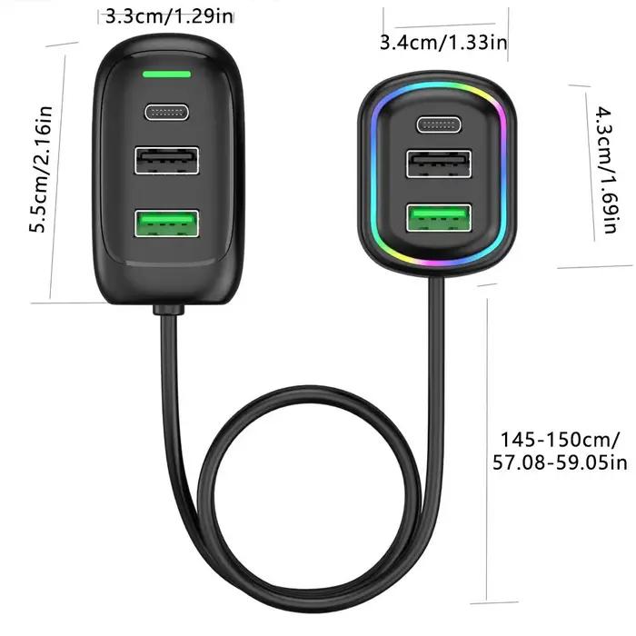 Chargeur de Voiture d'Extension Avant et Arrière USB Type-C à 6 Ports Compatible avec Téléphones Tablette Caméra Numérique Occasions Spéciales