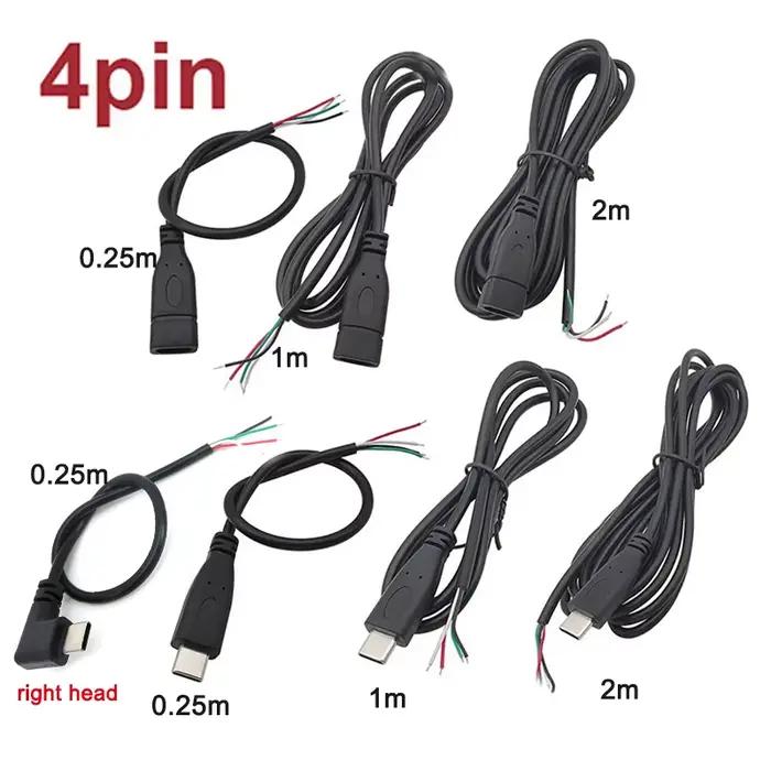 2 cœurs 4 cœurs USB-C 0.25 M/1 m/2 m bricolage câble de réparation fil de soudage USB Type C mâle femelle prise alimentation chargeur connecteur
