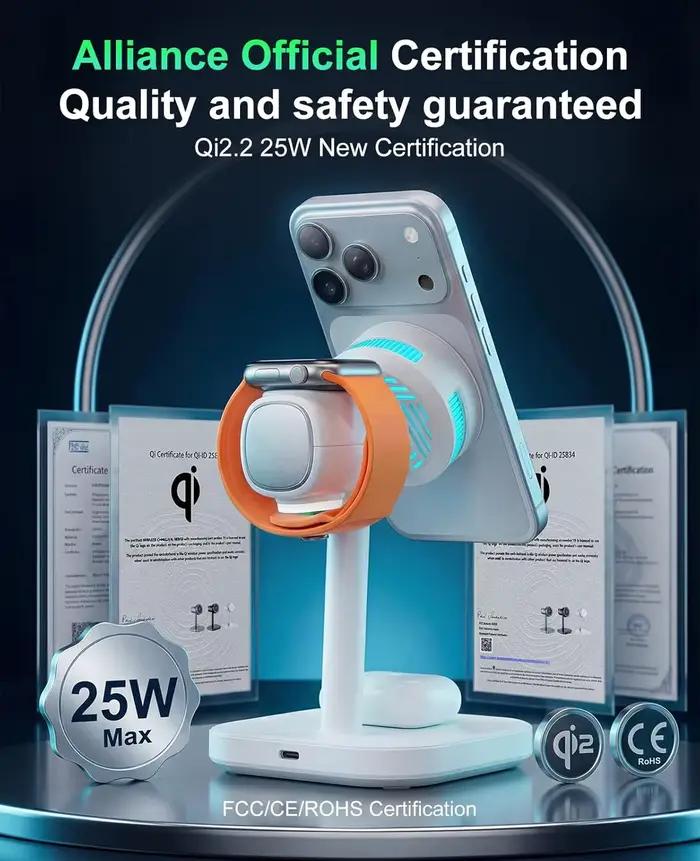 Station de charge sans fil magnétique 4-en-1 TEC Cooling Qi2.2 25W avec veilleuse