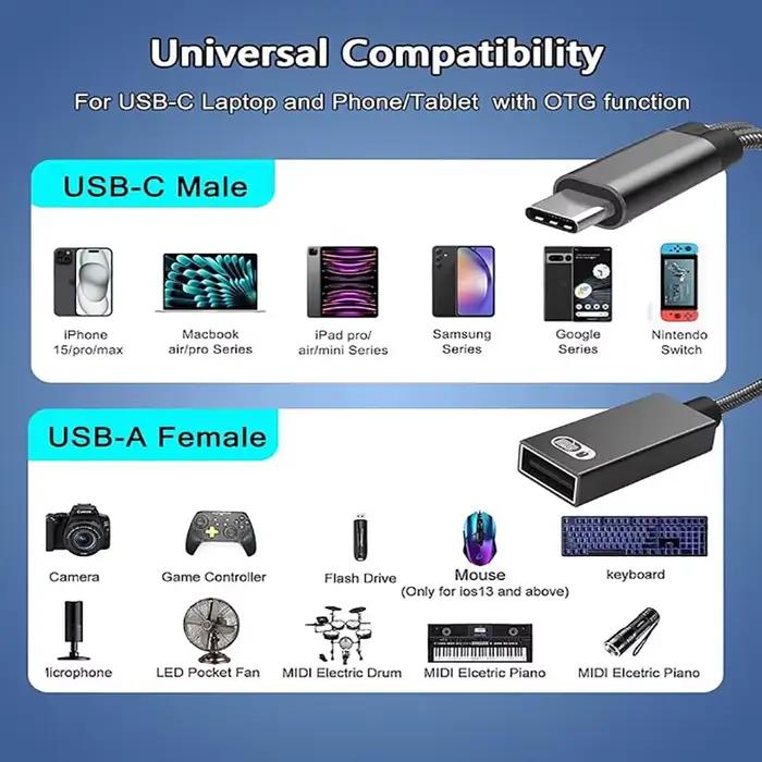 Câble adaptateur USB-C OTG : Convertisseur double fonction Type-C vers USB-A avec prise en charge