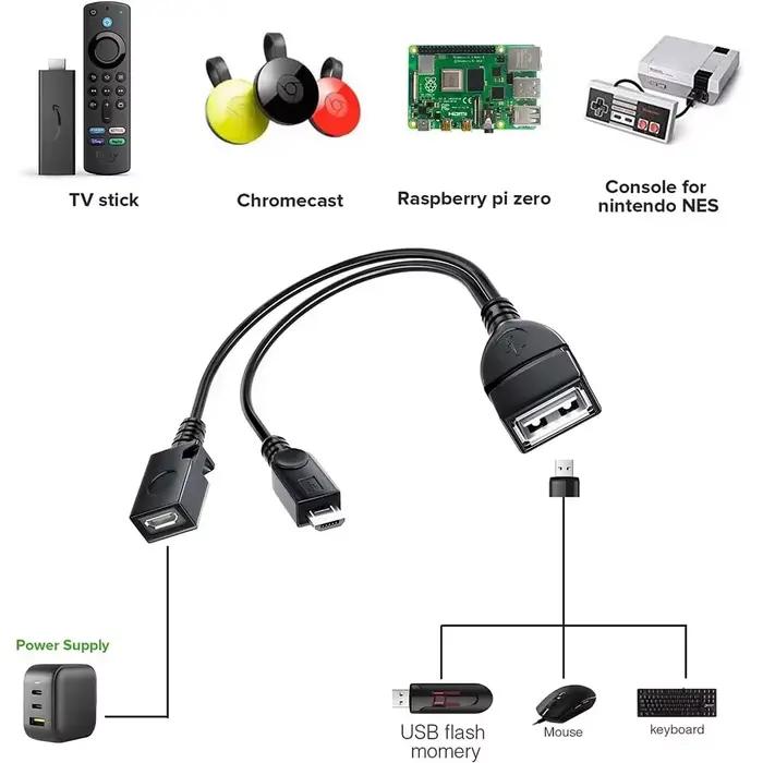 Câble OTG Y Splitter Micro USB pour Fire TV 3 ou Fire Stick 2ème Génération Connecteur USB Accessoire Compatible Périphériques USB Occasions Spéciales