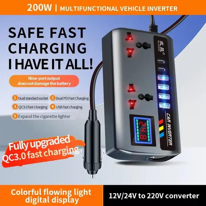 Onduleur de voiture portable 12V/24V à 220V avec 3 ports USB pour charge rapide en voiture camion SUV RV usage voyage camping