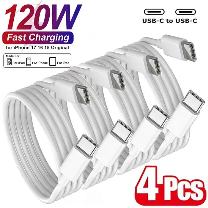Lot de 4 câbles USB-C 120W pour iPhone 16 15 17 Pro Max
