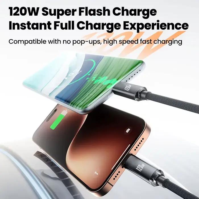 Câble de charge rapide USB-A vers USB-C 120W pour voiture et smartphone tressé en tissu renforcé compatible Samsung S26 Xiaomi Huawei occasions quotidiennes et voyages