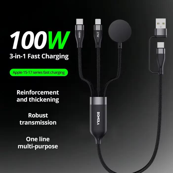 Câble USB Type C 3-en-2 Bonola pour iPhone 17/16/15/14/13/12 Pro et chargeur de montre Apple Watch