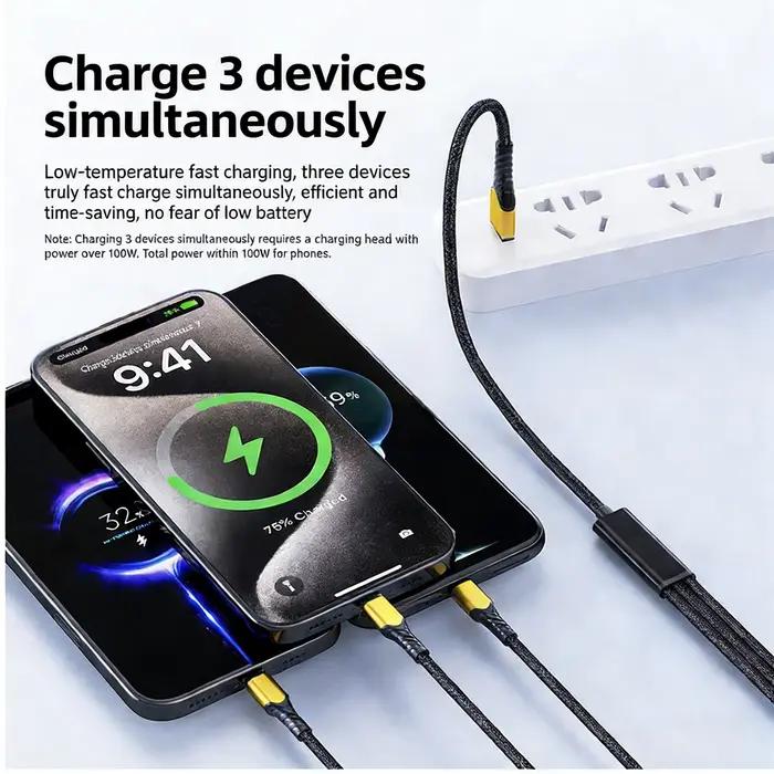 Câble de charge rapide USB-C 3-en-1 100W pour iPhone 17 16 15 Pro Max