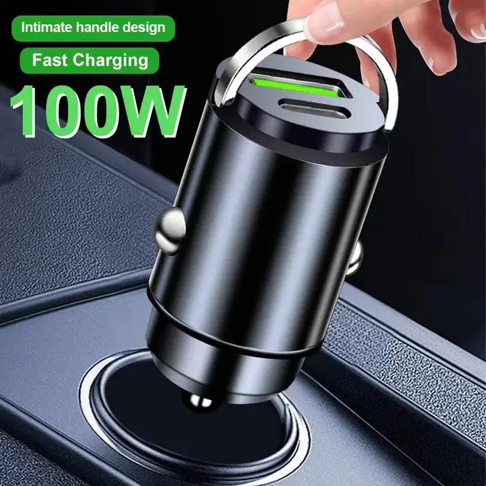 Mini chargeur de voiture 100W Type C double USB charge rapide pour iphone 15 pro max Samsung Huawei Xiaomi prise