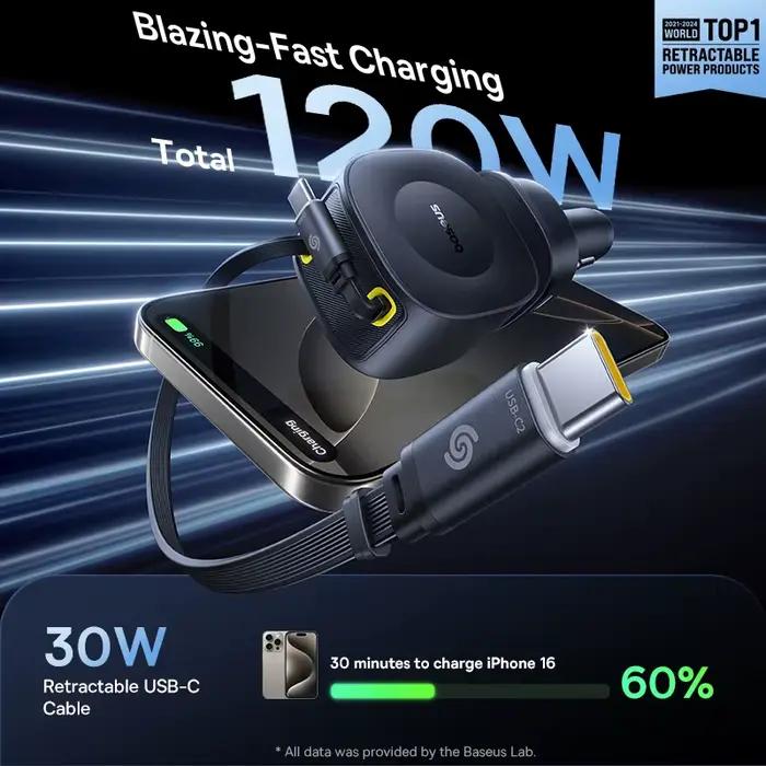 Chargeur de voiture Baseus 60W 100W 30W 240W 4 ports intégré double câble rétractable PD charge rapide USB type-c