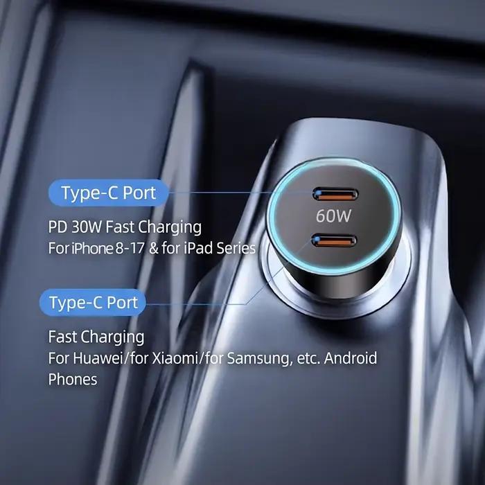 Chargeur de voiture double PD 60W (2 pièces) – Adaptateur de charge rapide haute puissance Type C avec puce de sécurité