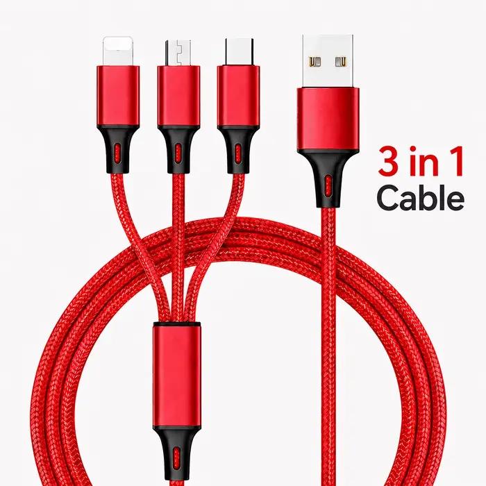 Câble de charge multi-prise 3 en 1 Type C Lightning Micro USB 2.4A pour iPhone Samsung Xiaomi Android Téléphone Tablette Charge Rapide Occasions Spéciales
