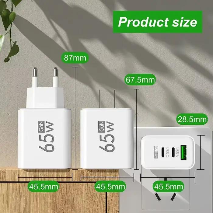 Chargeur GaN 65W USB PD Type-C à charge rapide, adaptateur de téléphone 3 ports compatible QC3.0 avec iPhone 15 Pro Max Samsung Galaxy