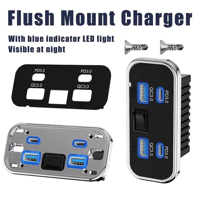 Chargeur rapide 76W double PD double QC3.0 Type C USB pour bus ATV voiture camion marine avec interrupteur de charge rapide et plusieurs couleurs disponibles