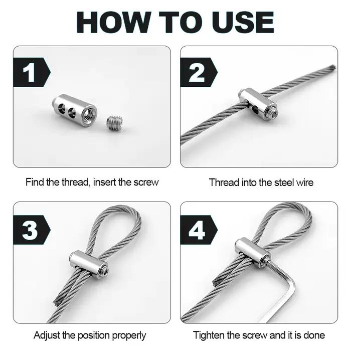 100 pièces de serre-câbles en acier de 1,5/2/3 mm, clips métalliques en cuivre, vis réglables, accessoires de fixation pour câbles métalliques.