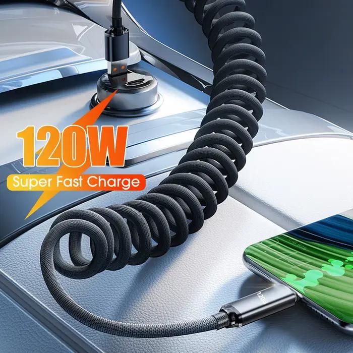 120W USB C à Type C câble à ressort de Charge rapide télescopique chargeur de téléphone de voiture cordon de données pour iPhone17 16 Samsung Xiaomi câbles USB