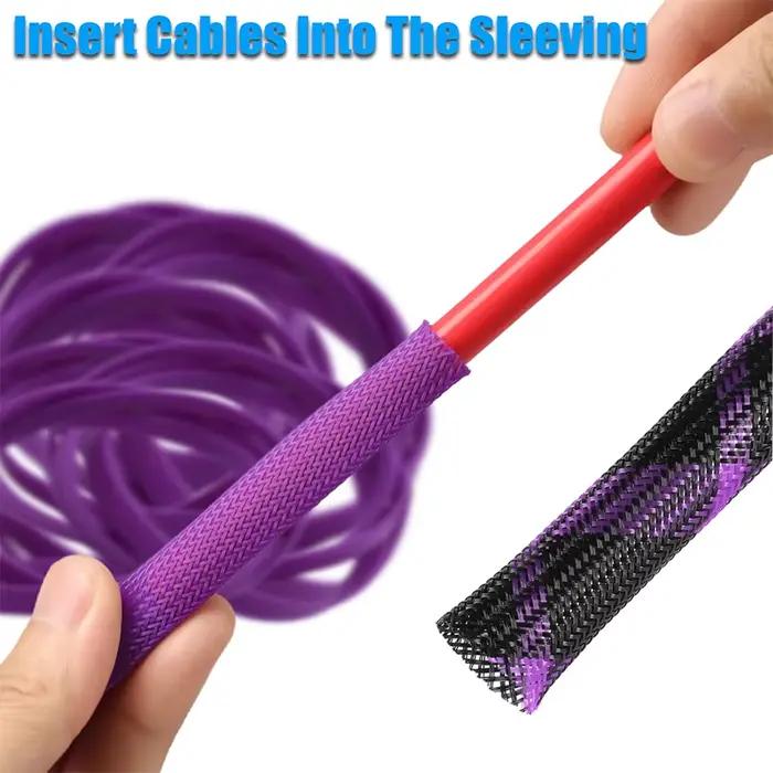 Gaine de câble haute densité tressée PET isolée extensible protection pour fils coloris violet et noir diamètres variés pour usage domestique et professionnel