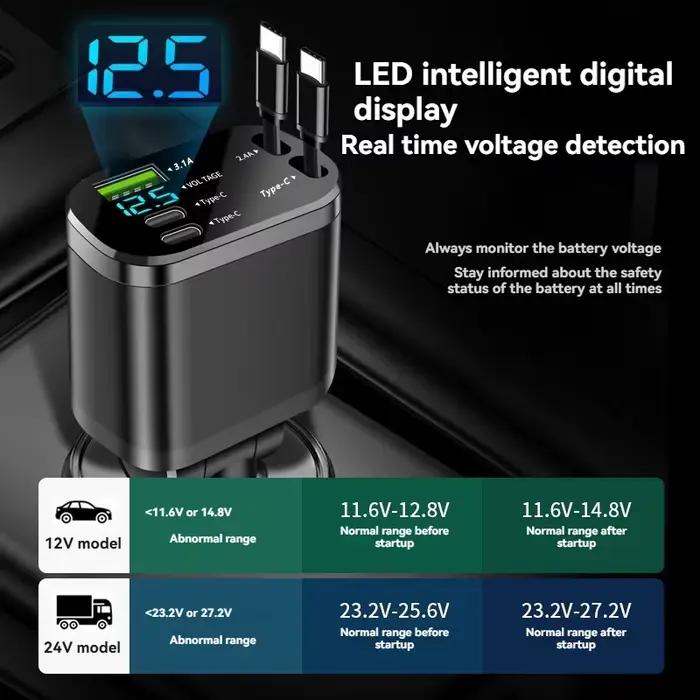 Chargeur de voiture, chargeur de voiture avec câble rétractable, PD de voiture, charge rapide de voiture, charge super rapide, charge flash, cig cinq en un