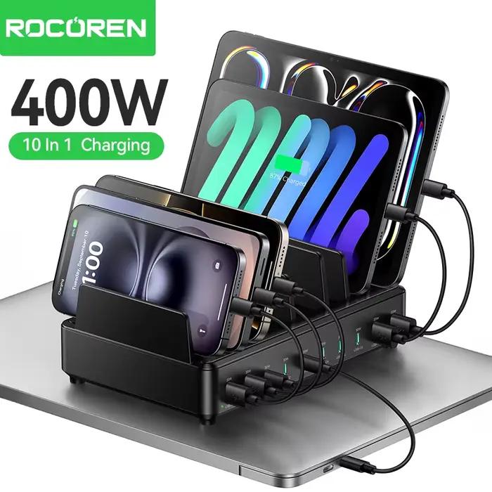 Chargeur Rocoren 400W GaN 6 ports, chargeur de bureau à charge rapide USB Type C, station d'alimentation portable pour iPhone 17 Pro Max Xiaomi 14
