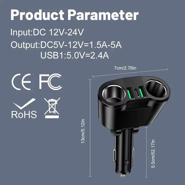 Adaptateur de chargeur de voiture USB Type C, plusieurs appareils chargés en même temps avec affichage numérique, adaptateur de chargeur de voiture USB double port