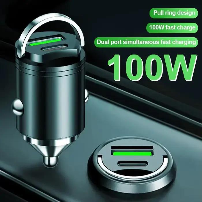 Mini chargeur de voiture 100W Type C double USB charge rapide pour iphone 15 pro max Samsung Huawei Xiaomi prise