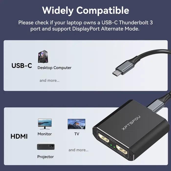 Répartiteur USB C vers HDMI 4K 60Hz pour deux écrans Thunderbolt 3 Windows Mac Linux Universel Sans Alimentation Extérieure Multimédia Gaming Productivité Occasions Spéciales