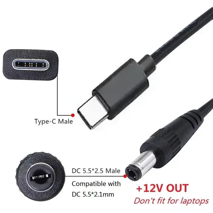 Câble de charge rapide USB-C vers DC 5.5 2.1 PD 12V 3A avec adaptateur de convertisseur d'alimentation DC télescopique à ressort