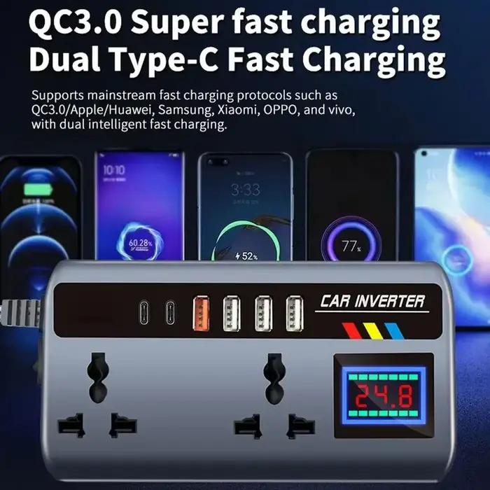 Onduleur de voiture portable 12V/24V à 220V avec 3 ports USB pour charge rapide en voiture camion SUV RV usage voyage camping