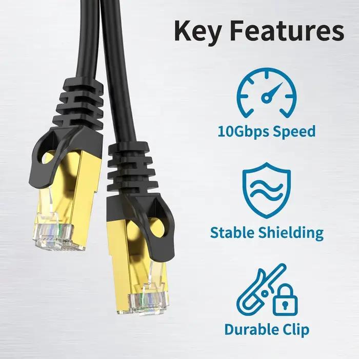 Câble Ethernet CAT7 10 Gbit/s, blindé, plaqué or, FTP, cuivre pur, haute vitesse, cordon réseau LAN, plusieurs longueurs pour le jeu, la maison, le bureau